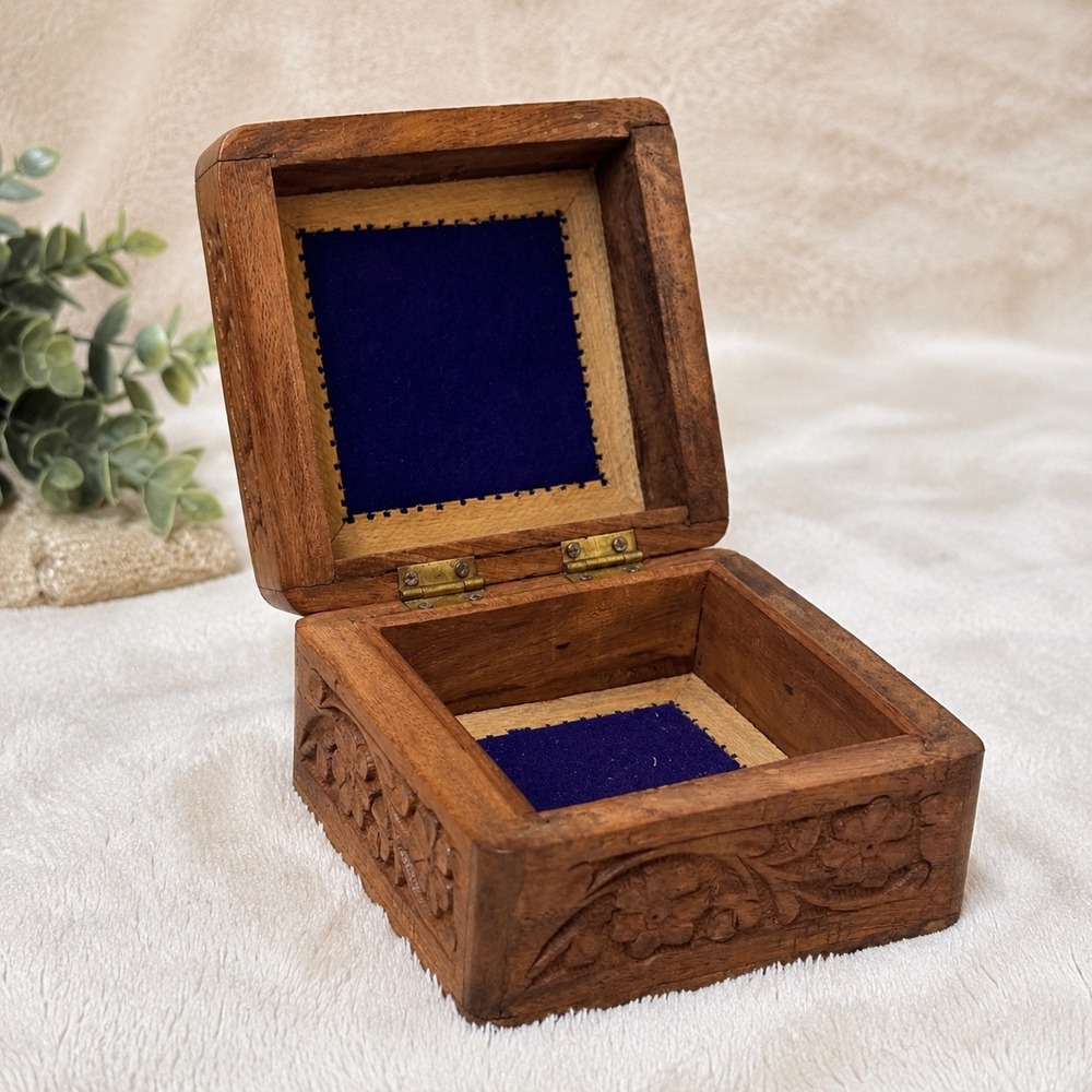 Hand Carved Floral Wood Trinket Jewelry Box Boho Whimsygoth India Brass Inlay